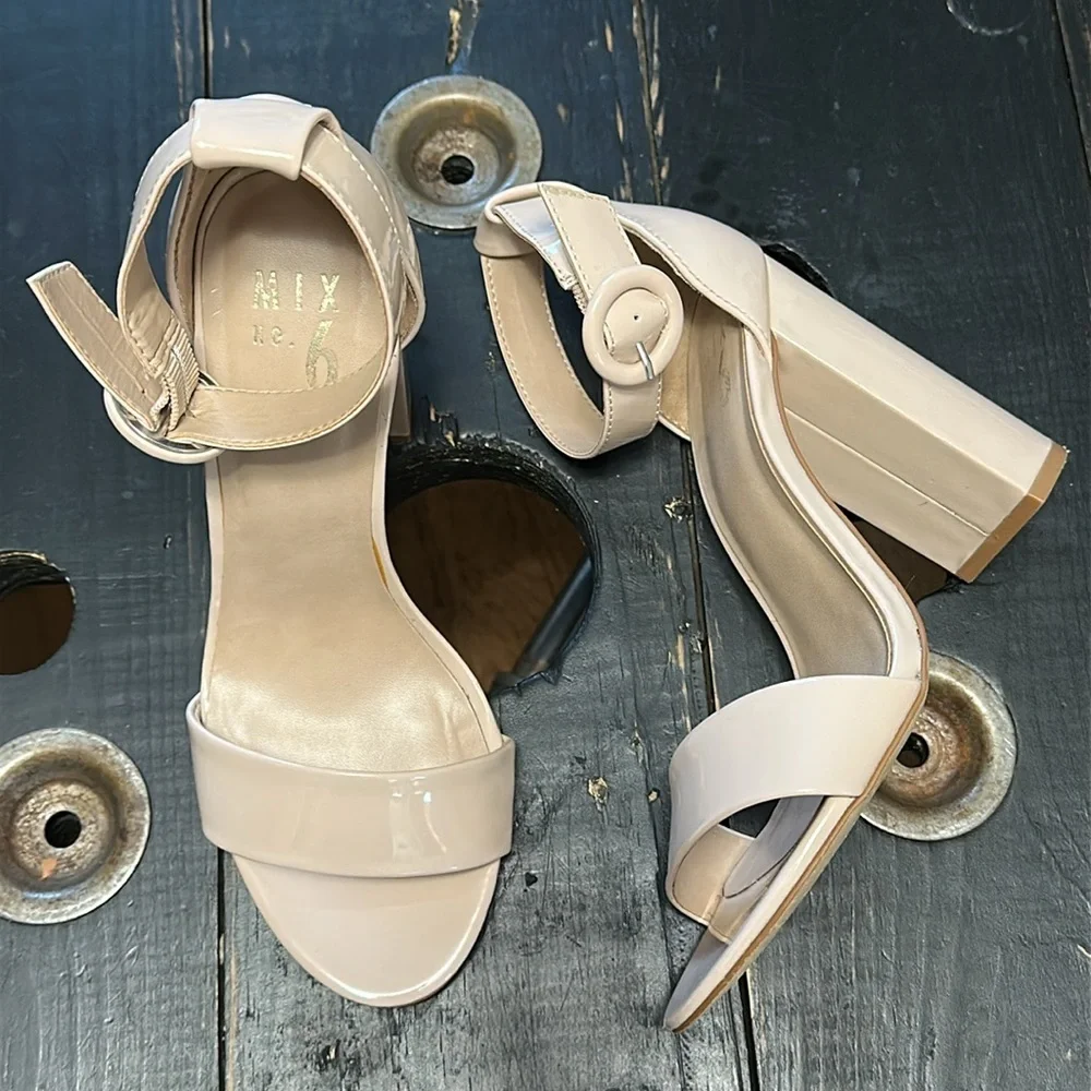 MIX No. 6 Avrey Nude Patent Leather Block Heel Sandals